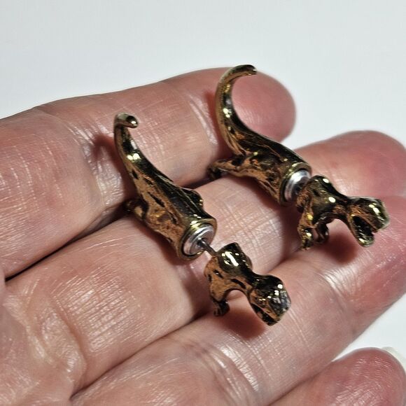 Gold Tone Dinosaur Head And Tail Jacket Fashion Earrings - Picture 4 of 11